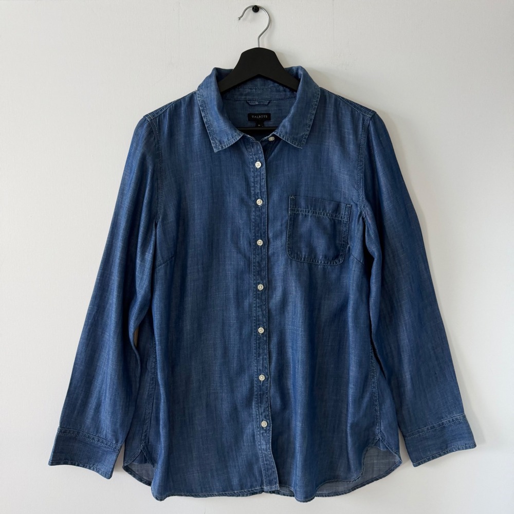 Talbots Blue Chambray Button Down Shirt Womens M Long Sleeve Lyocell Tencel